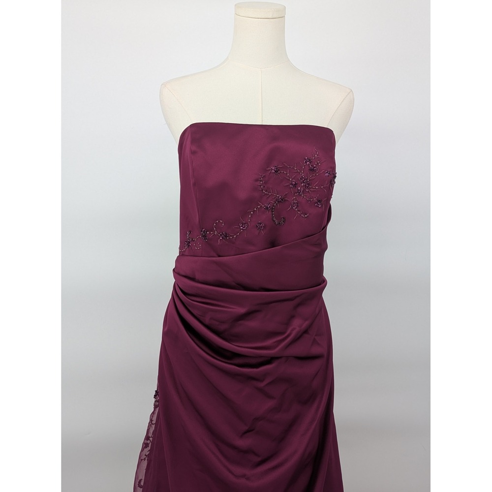 Davids Bridal Strapless Gown Women 18 Plum Purple Beaded Ruched Slit F12385 Flaw - Picture 4 of 15